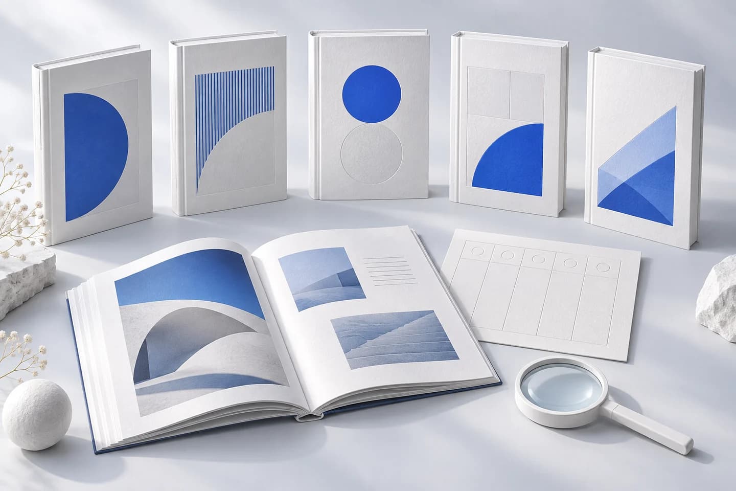 Five white report volumes with distinct blue cover designs stand behind an open report, comparison sheet and magnifying glass.