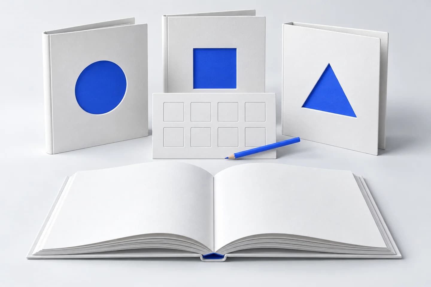 Three paper agency portfolios with distinct blue shapes stand behind an eight-box scorecard, blue pencil and open annual report.