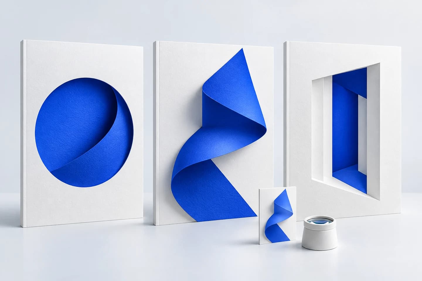 Three sculptural paper report covers each carry one blue motif, with a miniature cover and inspection lens illustrating the thumbnail test.