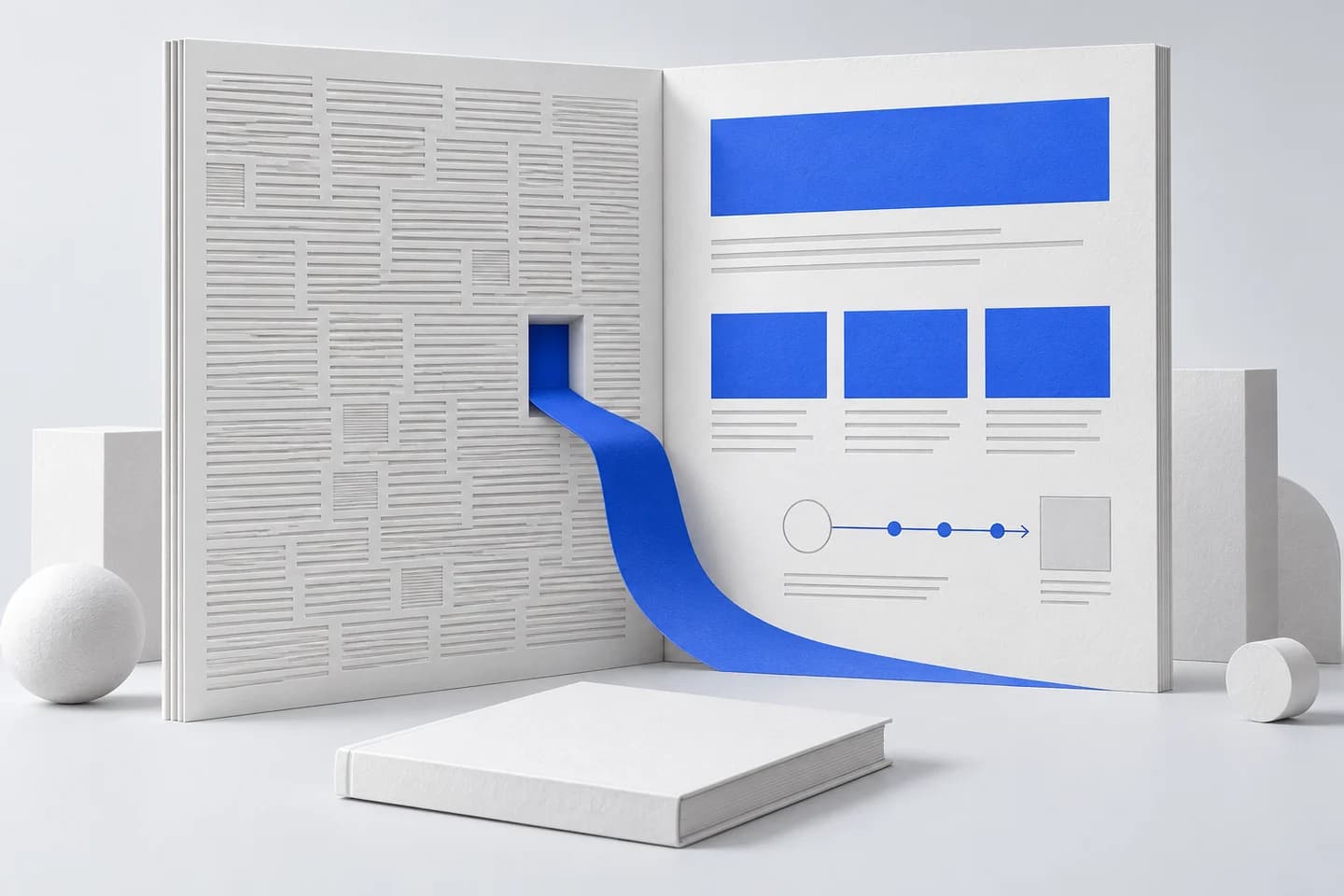 A dense white report spread opens into a clear layout with blue highlights and a reading path, illustrating how design helps readers find information.