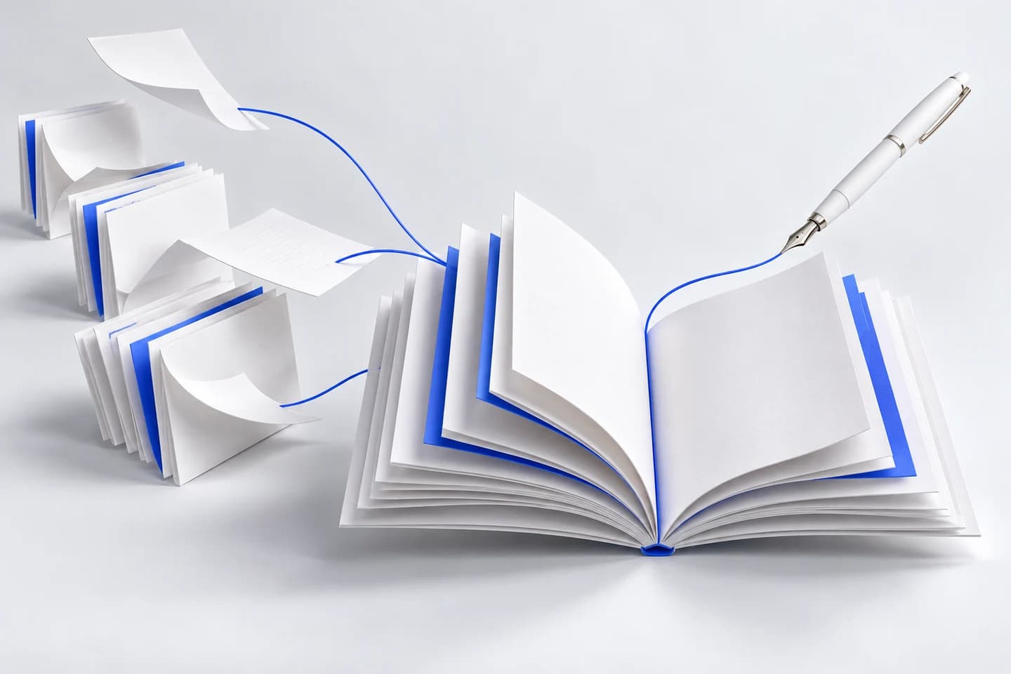 Distinct paper document sections and drafting sheets connect through blue lines to one open report and a pen, illustrating a coherent annual report.