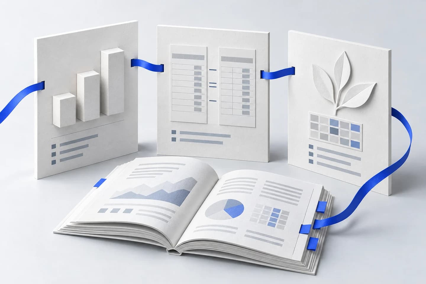 Three white reporting panels for business segments, reconciled filings and ESG metrics connected by a blue ribbon above an open report.