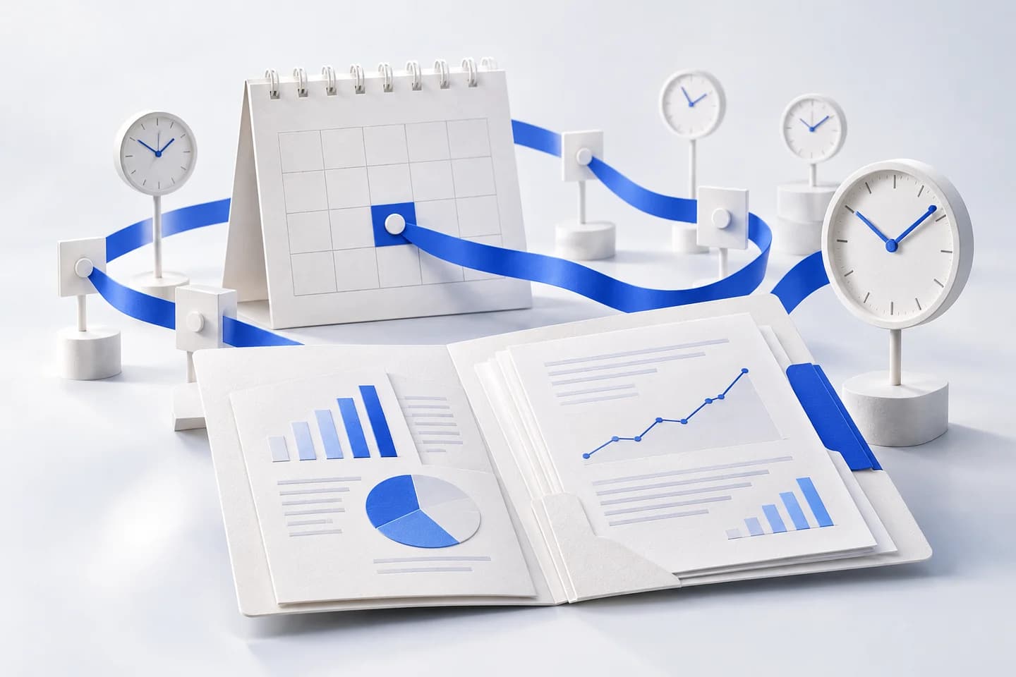 A blue ribbon connects a paper calendar, financial results folder and several clocks, illustrating the quarterly results filing sequence.