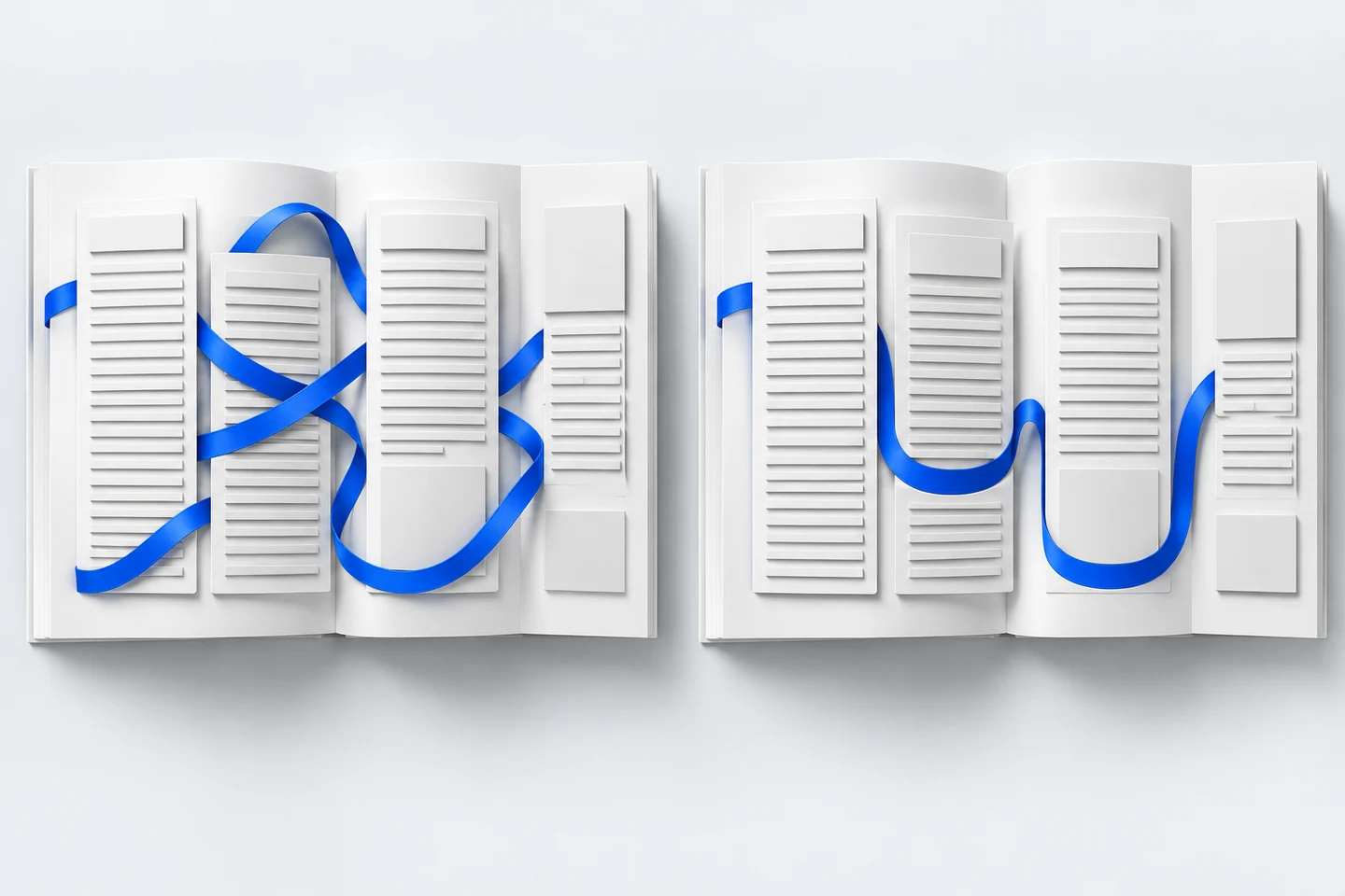 Two report spreads compare a tangled blue reading route with a single deliberate route through the content.