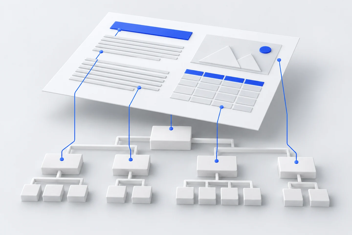 Content blocks on a report page connect to a branching structure underneath, representing PDF tags.