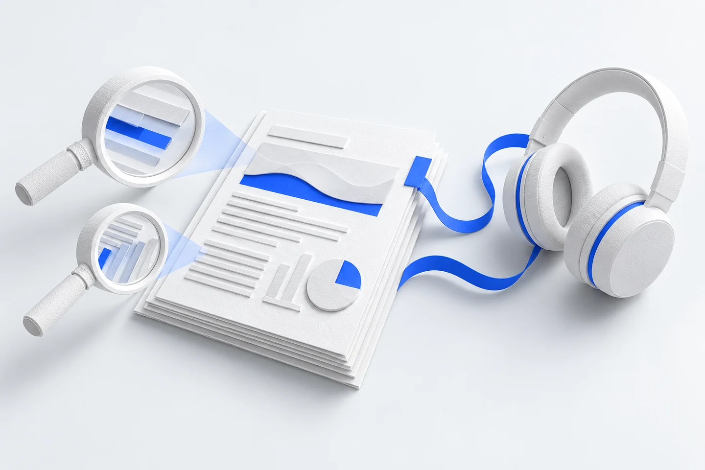 Two inspection lenses and headphones examine a report, representing automated validation and human screen-reader testing.
