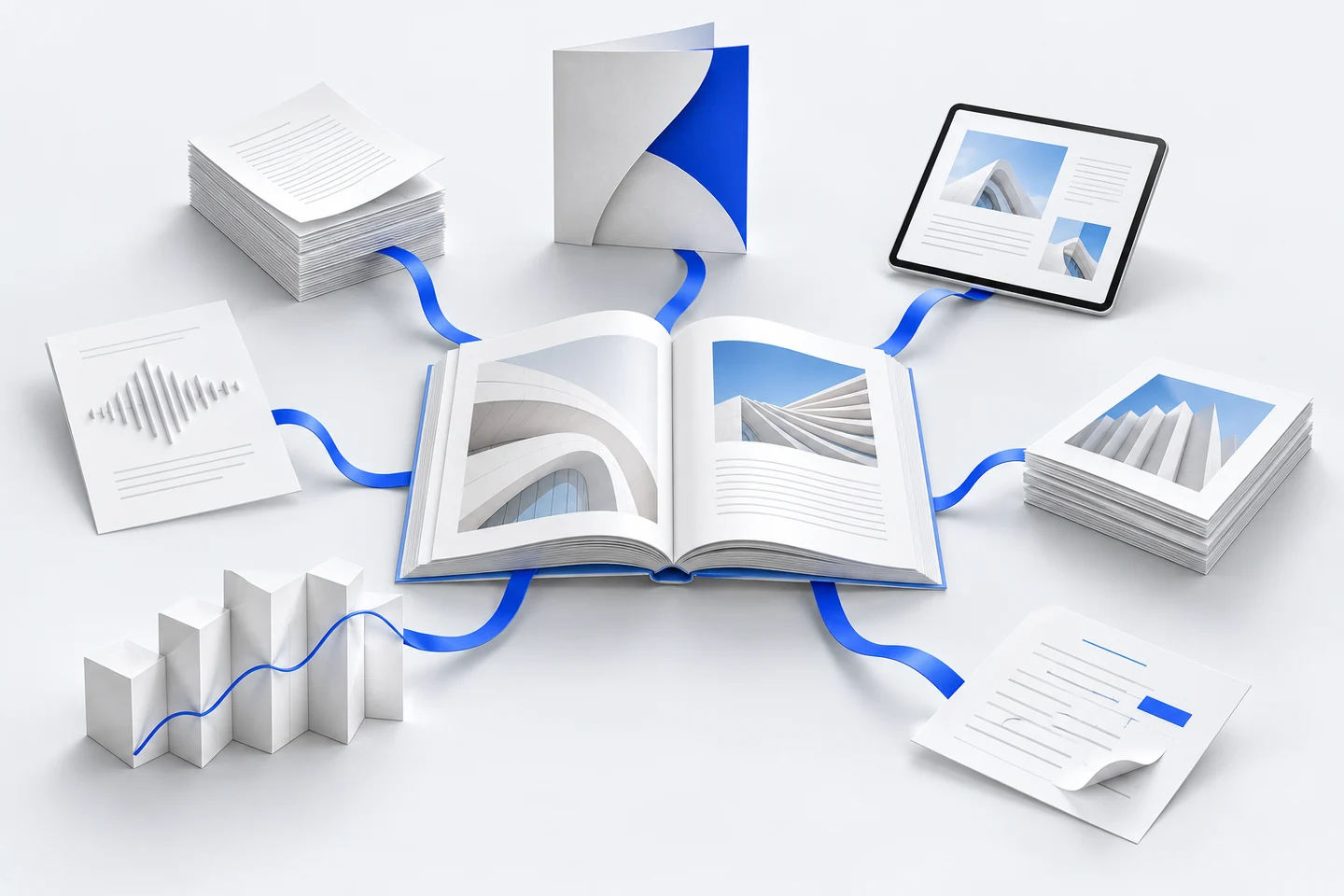 A report connects to page stacks, a cover, a screen, print, correction, chart and accessibility components, representing separate production cost drivers.