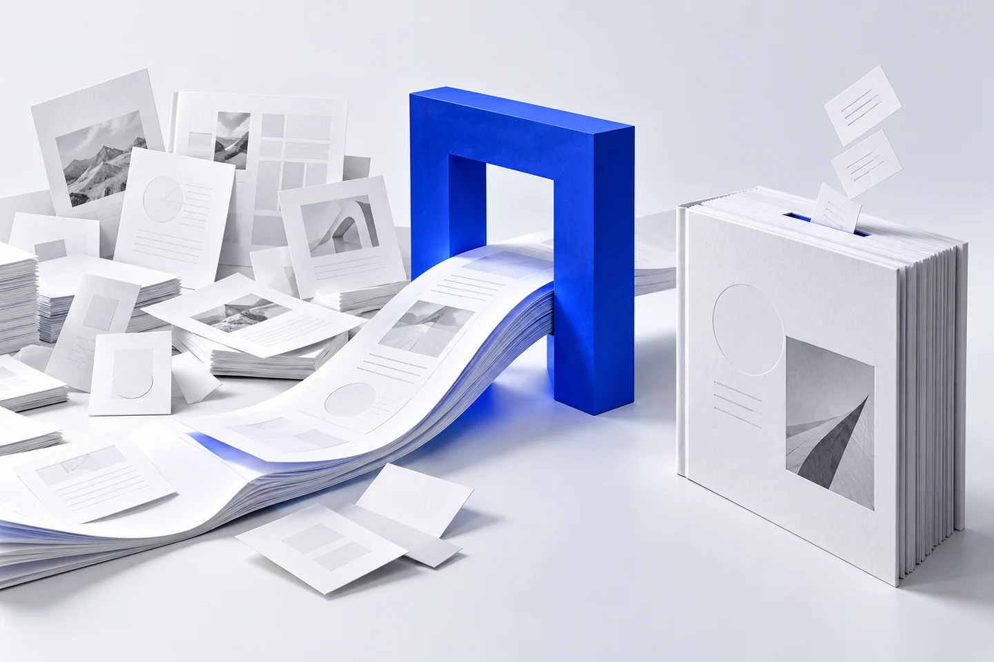 Loose layouts pass through a blue gate into a stable report that accepts small correction slips, illustrating controlled changes after the freeze.