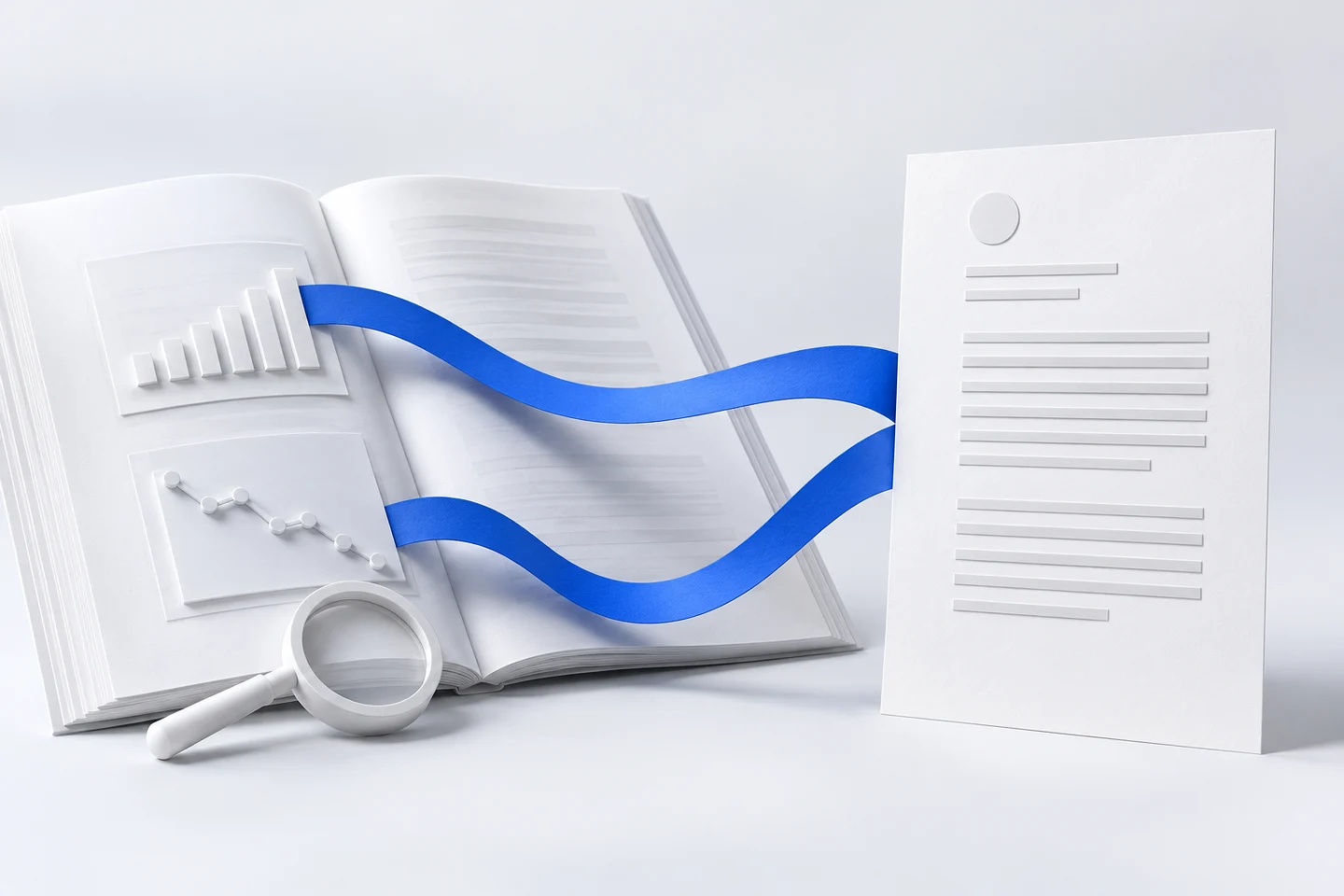 Improving and declining financial trends both connect from an annual report to the same leadership letter, with a lens beside the weaker trend.