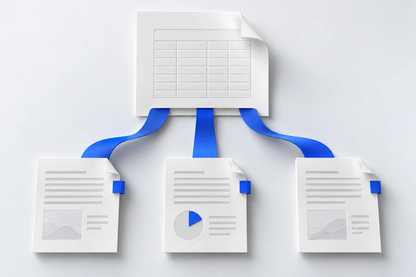 A single source sheet feeds three narrative pages through blue reference ribbons, representing controlled figures shared across the report.