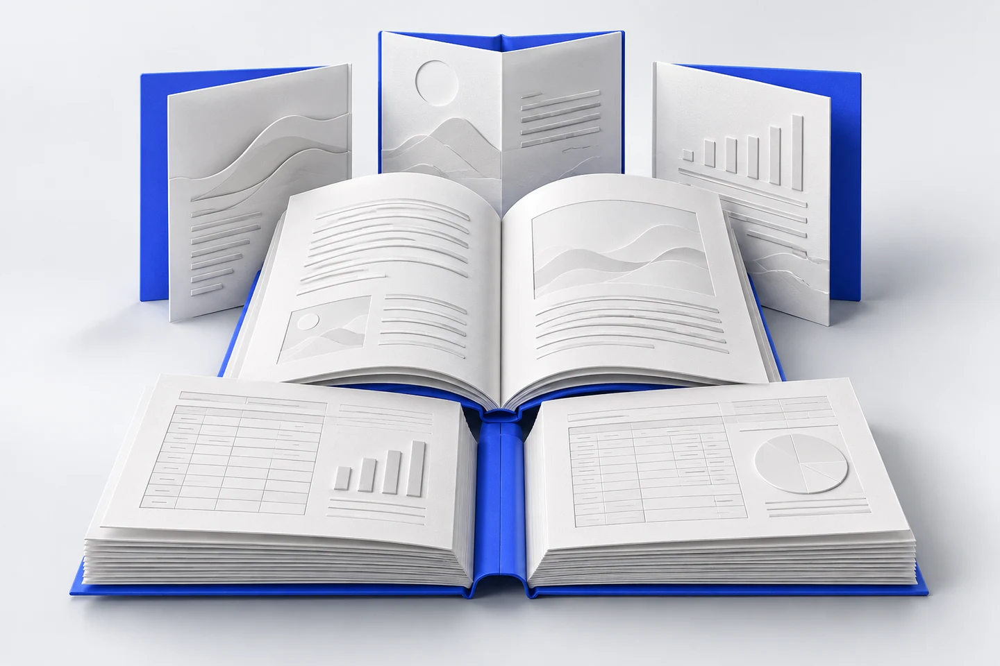 An exploded paper report combines narrative sections and table-heavy document blocks through a single blue spine.