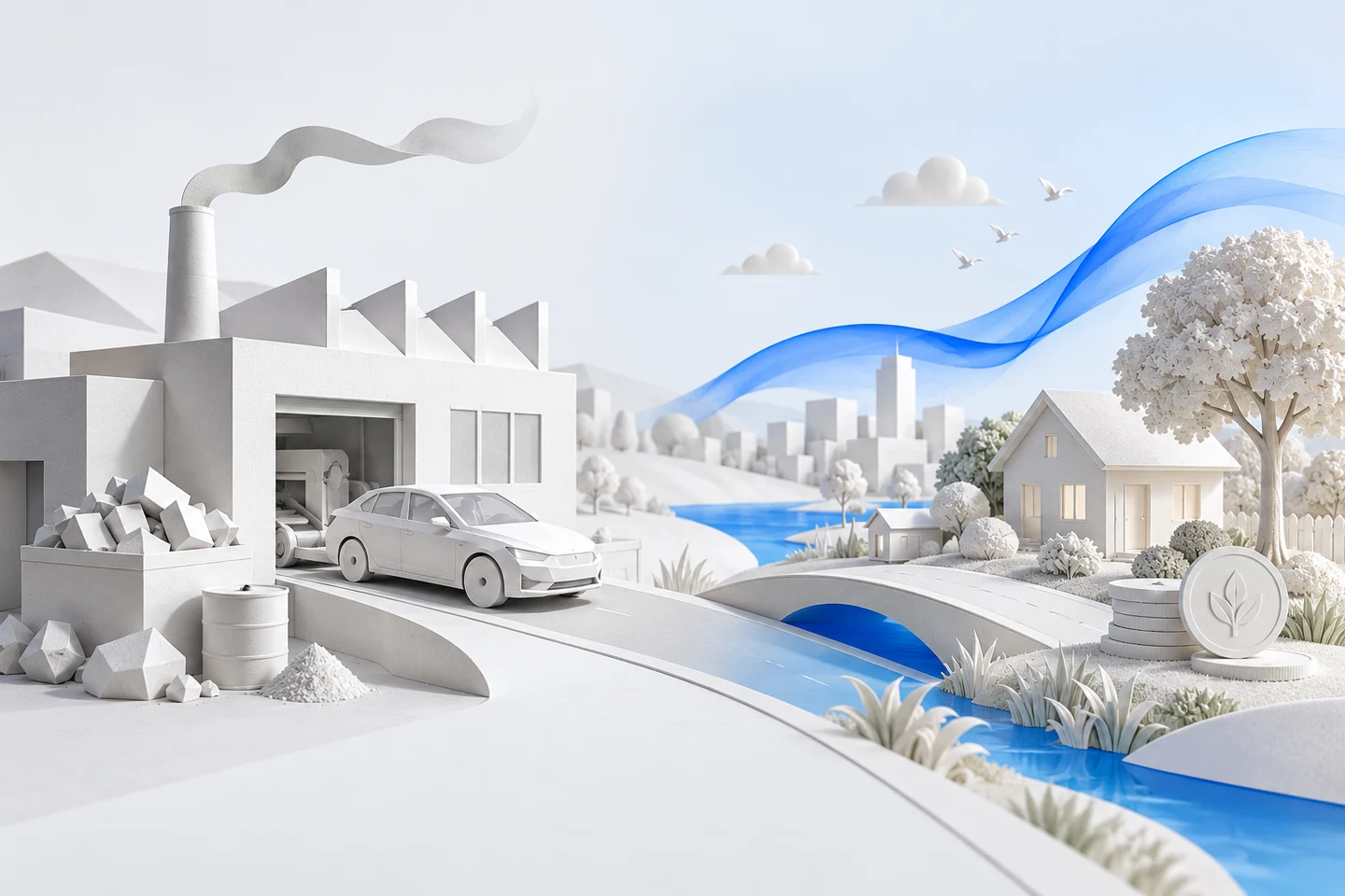 A paper car leaves a factory with by-products and emissions; a connected community and landscape represent the resulting effects.