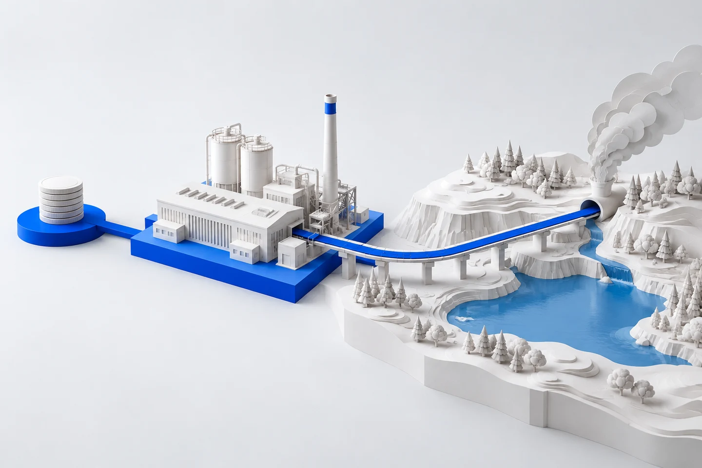 A production facility is connected to financial resources and a landscape with water and emissions, illustrating a choice affecting multiple capitals.